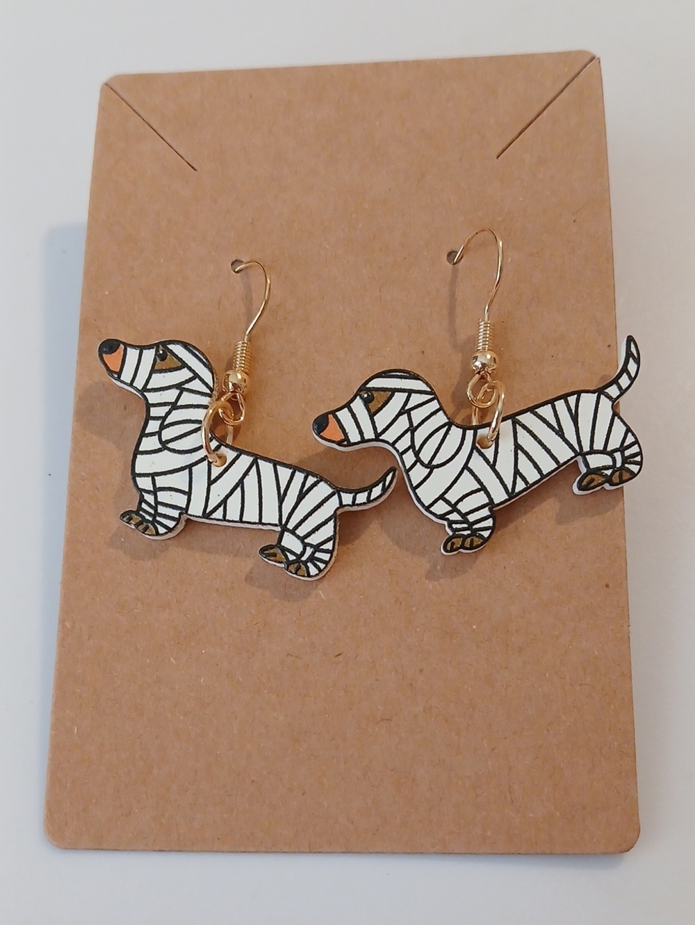 Fashion Jewelry White Dachshund Mummy-Inspired Earrings with Gold Hooks